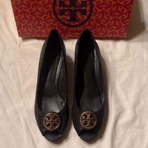 Tory Burch Black Peep-Toe Flats with Gold Logo Medallion